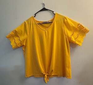 Notations Woman Yellow Eyelet Detail Tie-Front Short Sleeve Top